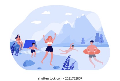 People having rest in summer nature. Flat vector illustration. Men and women with kid sunbathing, swimming, sleeping in tent on shore of lake surrounded by mountains. Rest, vacation, nature concept