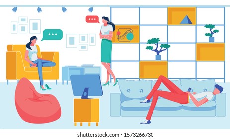 People Having Rest at Work Flat Cartoon Vector Illustration. Informal Atmosphere in Room for Rest. Man Lying on Sofa and Watching Television. Two Women Collegues Talking or Having Friendly Discussion.