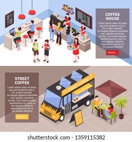 People having snack in coffee house indoors and outdoors isometric banners set 3d isolated vector illustration