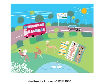People having sun bathing in the park. Vector illustration.