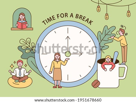 People having tea break time. People are reading, meditating, drinking tea, and relaxing. flat design style minimal vector illustration.