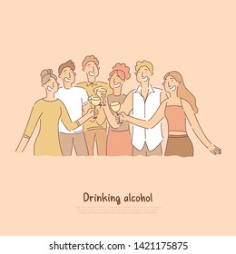 People having toast together, young men and women having party with beverages, weekend pastime for group of adults banner