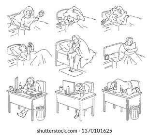 People Having Trouble With Sleeping And Suffering From Insomnia Icon Vector Illustration Set Isolated On White Background. Sleepless Men And Women Line Art Characters.