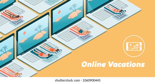 People having vacations online on their laptops, they are lying on a deckchair and sunbathing in front of the computer screen