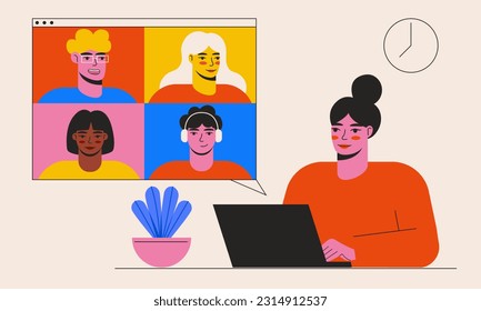 Gente que tiene ilustración plana vectorial de videollamadas. Comunicación en línea. Encuentro en línea, trabajando desde casa.