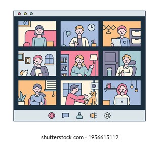 People having video meetings in their own homes. flat design style minimal vector illustration.