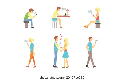 People Having Virtual Date Set, Young People Looking for Couple and Chatting Smartphones Cartoon Vector Illustration