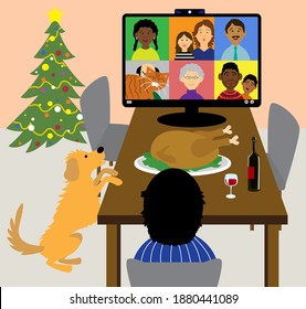 People Having A Virtual Holidays Dinner , Turkey And Christmas Tree