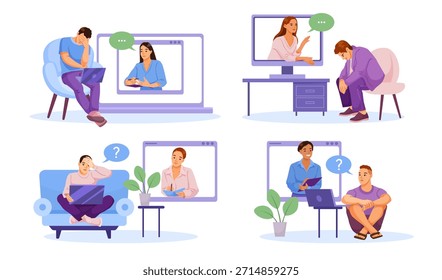 People having virtual therapy sessions with psychologists on digital devices, cartoon style on white background. Concept of mental health help. Vector illustration