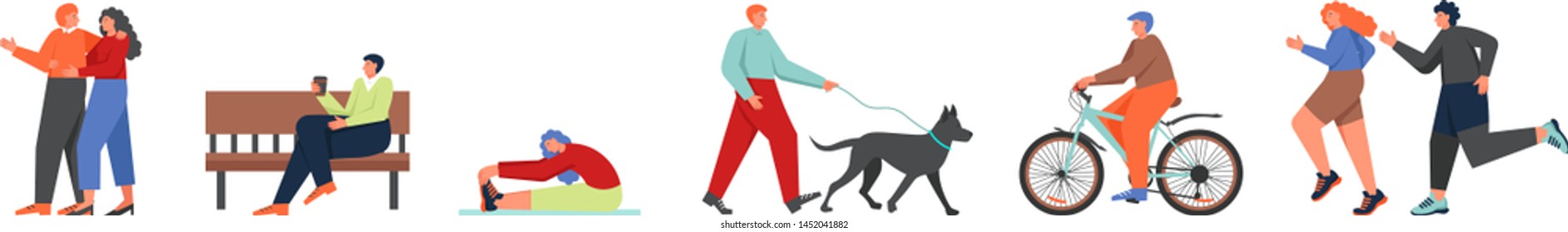 People having a walk, vector flat illustration isolated on white background. Happy couples hugging, jogging, men sitting on bench, walking dog, riding bicycle in the park. - Shutterstock ID 1452041882