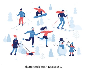 People having winter activities in park, skiing, skating, snowboarding, girl walking the dog, girl making a cute snowman, cartoon characters in flat design isolated on white. Vector illustration.