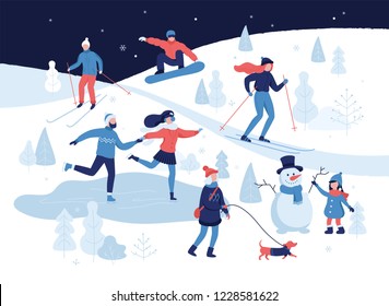 People having winter activities in park, skiing, skating, snowboarding, girl walking the dog, girl making a cute snowman, cartoon characters in flat design isolated on white. Vector illustration.