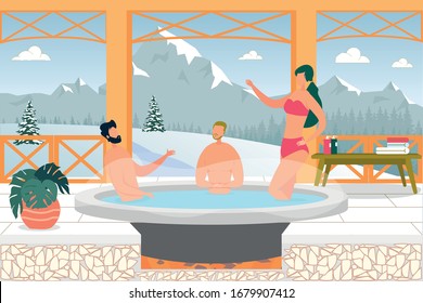 Gente de vacaciones de invierno en la montaña. Hombre y mujer sentados en aguas calientes en Vat. Terapia de Agua Caliente, Relajación y Descanso en la Naturaleza. Personaje Que Disfruta De Ilustración Del Vector Termal Exterior.