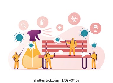 People in Hazmat Protective Suits Cleaning or Disinfecting Coronavirus Cells. Tiny Characters Spraying Disinfectant on Huge Bench in Park during Worldwide Covid19 Pandemic. Cartoon Vector Illustration