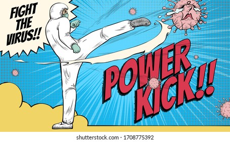 People in hazmat suit kicking away the virus, retro american comic style