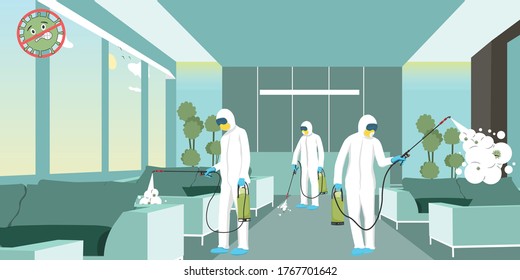People in hazmat suits and masks to prevent epidemic, Covid-19, Coronavirus Disease. Pandemic health risk. Spraying to Sanitizing and Disinfect virus in a house. Corona characters. Flat Vector 