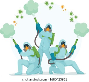 People in hazmat suits and protective masks standing in superheroes pose and spraying disinfecting gas to kill viruses.