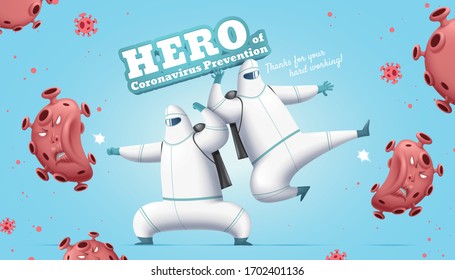 People in hazmat suits showing kung fu and driving the bad virus off, Fight against COVID-19 concept blue background illustration