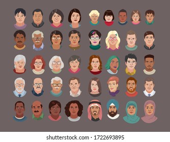 People Head Avatar Set. Different Smile Characters. Man And Woman Portrait Cartoon Illustration. Children And Older People. Chinese African Indian Arab And White Faces. Vector Illustration