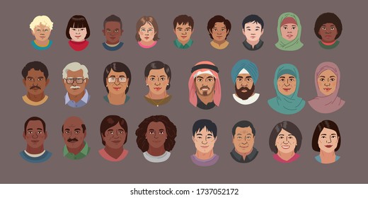 People Head Avatar Set. Different Smile Characters. Man Woman Babies Portrait Cartoon Illustration. Children Adult and Older people. Chinese African Indian Arab and White Faces. Vector Illustration