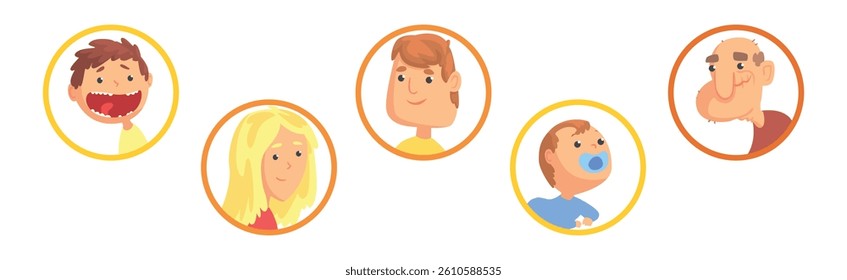 People Head and Face Avatar in Round Frame Vector Set