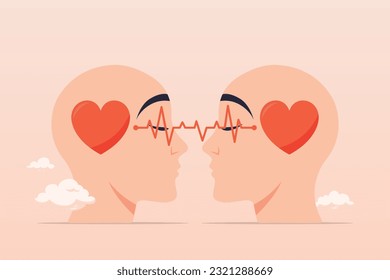 People head with heart sharing feeling with empathy, sympathy, caring or share feeling to support other, understanding or kindness to help, social support or emotional intelligence concept (Vector)