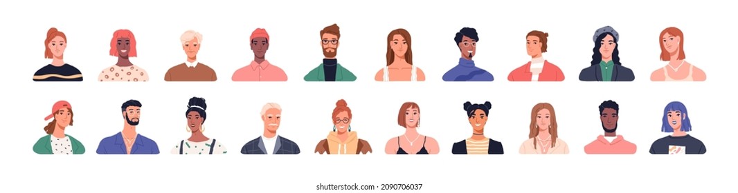 People head portraits set  Diverse men   women faces different age   race  Happy modern young   old person avatars  Characters bundle  Flat vector illustrations isolated white background