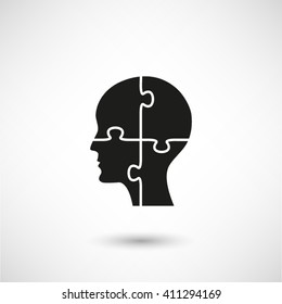 People head with puzzles elements - black vector icon  with shadow