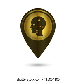 People head with puzzles elements - black vector icon; golden  map pointer