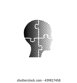 People head with puzzles elements - black vector icon;  halftone illustration