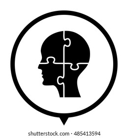 People head with puzzles elements - black vector  icon; map pointer