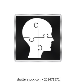 People head with puzzles elements - vector brushed metal button