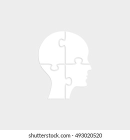 People head with puzzles elements - white vector  icon with shadow
