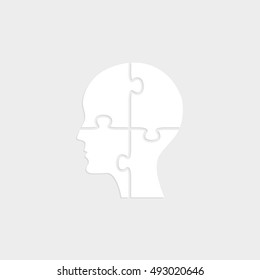People head with puzzles elements - white vector  icon with shadow