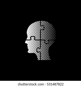 People head with puzzles elements - white vector icon;  halftone illustration