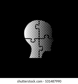 People head with puzzles elements - white vector icon ; halftone illustration