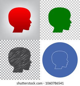People head sign. Vector. 4 styles. Red gradient in radial lighted background, green flat and gray scribble icons on transparent and linear one in blue circle.