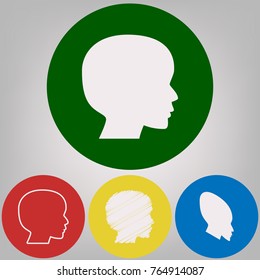 People head sign. Vector. 4 white styles of icon at 4 colored circles on light gray background.