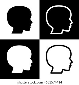 People head sign. Vector. Black and white icons and line icon on chess board.
