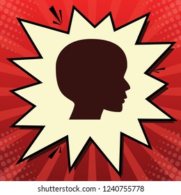 People head sign. Vector. Dark red icon in lemon chiffon shutter bubble at red popart background with rays.