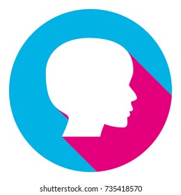 People head sign. Vector. Flat white icon with mexican pink shadow inside sky blue circle at white background. Isolated. Trend colors in 2017.