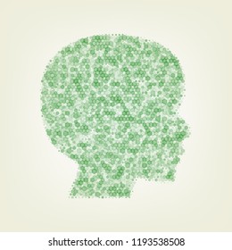People head sign. Vector. Green hexagon rastered icon and noised opacity and size at light green background with central light.
