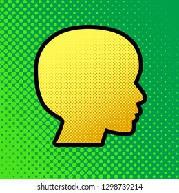 People head sign. Vector. Pop art orange to yellow dots-gradient icon with black contour at greenish background.