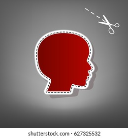 People head sign. Vector. Red icon with for applique from paper with shadow on gray background with scissors.