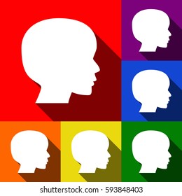 People head sign. Vector. Set of icons with flat shadows at red, orange, yellow, green, blue and violet background.