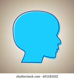 People head sign. Vector. Sky blue icon with defected blue contour on beige background.