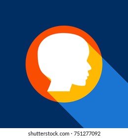 People head sign. Vector. White icon on tangelo circle with infinite shadow of light at cool black background. Selective yellow and bright navy blue are produced.