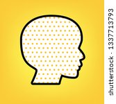 People head sign. Vector. Yellow polka dot white icon with black contour at warm yellow background.