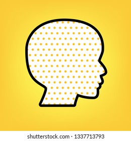 People head sign. Vector. Yellow polka dot white icon with black contour at warm yellow background.