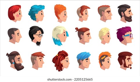 People Head Turned Sideways with Different Hairstyles Vector Big Set